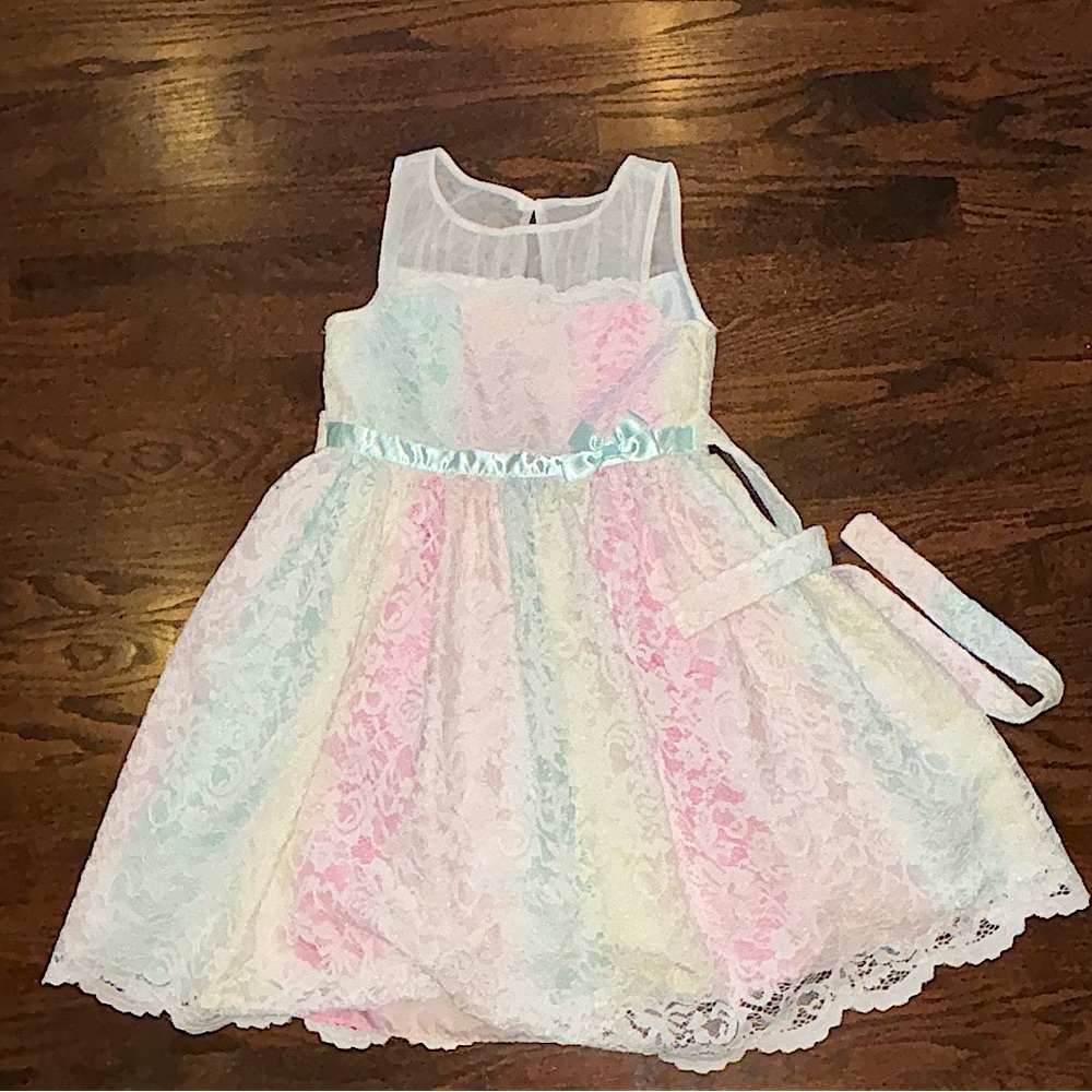 Beautiful rainbow, lace girls party dress size 8